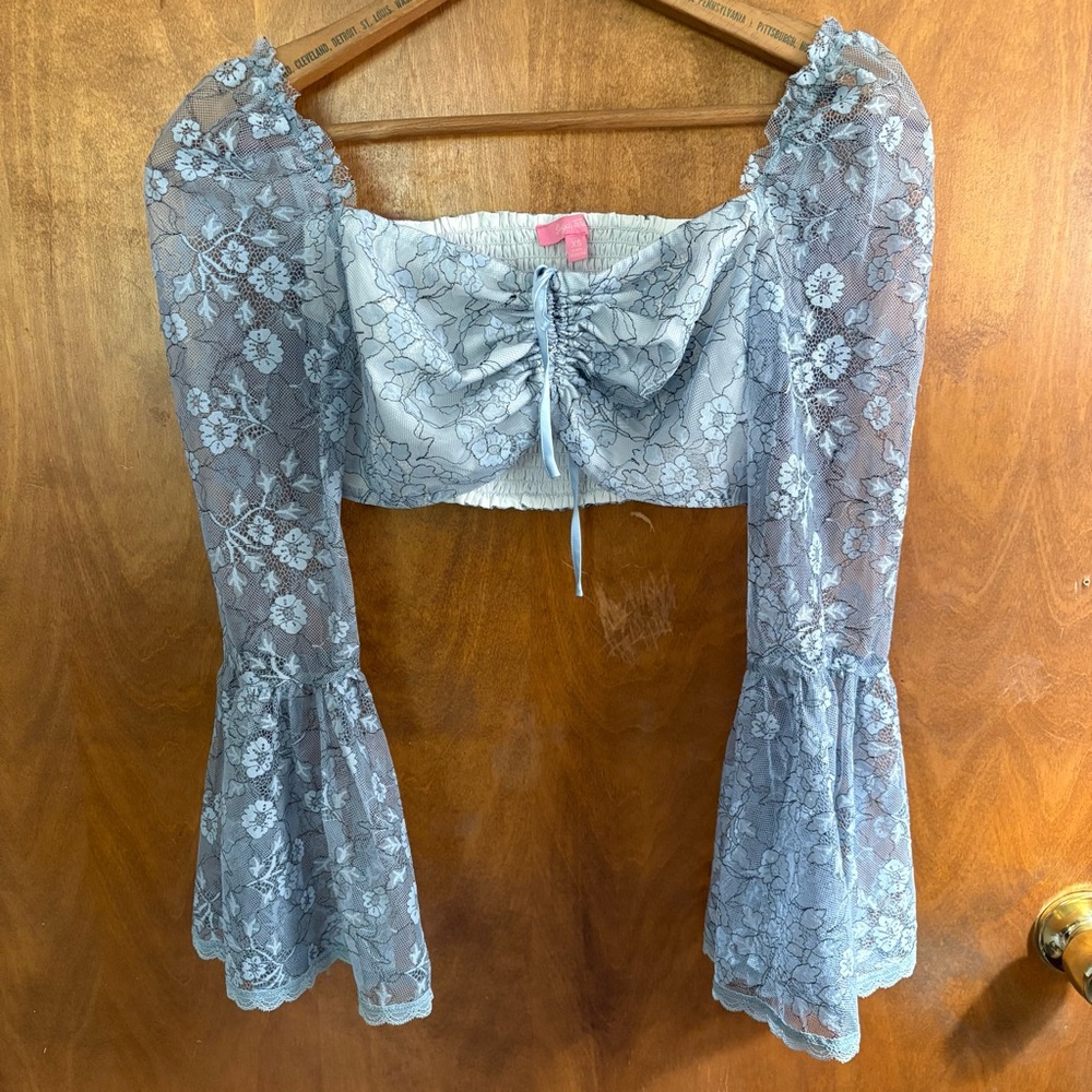 Sugar Thrillz Dolls Kill Blue Lace Floral Bell Sleeve Top Sheer Mesh Y2K Fairy